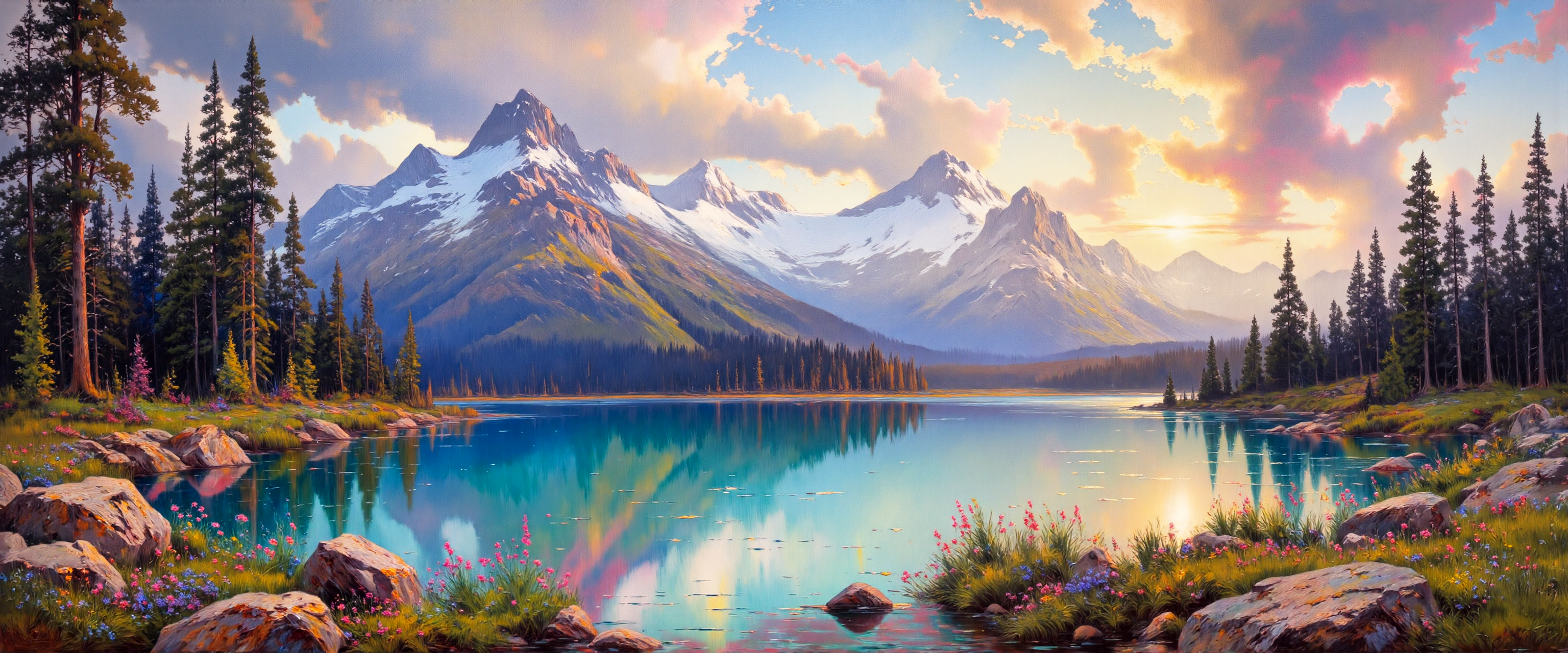 masterwork painting, impressionism, impressionist landscape with romantic realism influences, oil on canvas with masterful brushwork, rich textures capturing the breathtaking beauty of lake louise in canada during spring, its iconic turquoise waters shimmering with vivid, crystalline clarity, nestled amidst towering, snow-capped mountains that rise dramatically into the sky, their rugged peaks softened by a gentle haze, the background reveals an expansive view of the canadian rockies, their slopes covered in dense evergreen forests, patches of snow clinging to the higher altitudes, while the lakeâs surface mirrors the sky and mountains, creating a dreamlike reflection, in the foreground, patches of colorful wildflowers grow on a small rocky ledge, above, the sky is alive with dynamic, sweeping clouds in shades of soft white, warm peach, and cool gray, illuminated by the sunâs rays breaking through, casting dappled light and a mesmerizing interplay of light and shadow across the landscape, wide-angle view, emphasizing the grandeur of the mountains while drawing the eye toward the lakeâs vibrant center, the composition is perfectly balanced, with the rocky foreground and detailed wildflowers anchoring the scene and leading the gaze toward the distant peaks, subtle highlights on the snow and water enhance the sense of depth and serenity, masterful brushstrokes convey the roughness of the rocks, the softness of the clouds, and the glassy surface of the lake, harmonious color palette dominated by cool blues and greens, contrasted by warm tones in the sky and sunlight, painterly strokes adding a timeless, romantic quality to the composition, arsmjstyle, aidmaimageupgrader, <lora:style-impressionism-flux-by_arsmachina:1.1> <lora:style-amazing_scenery-v3-flux-by_marielle:0.68> <lora:image_upgrader-v0.3-flux-by_aidma:0.4>
