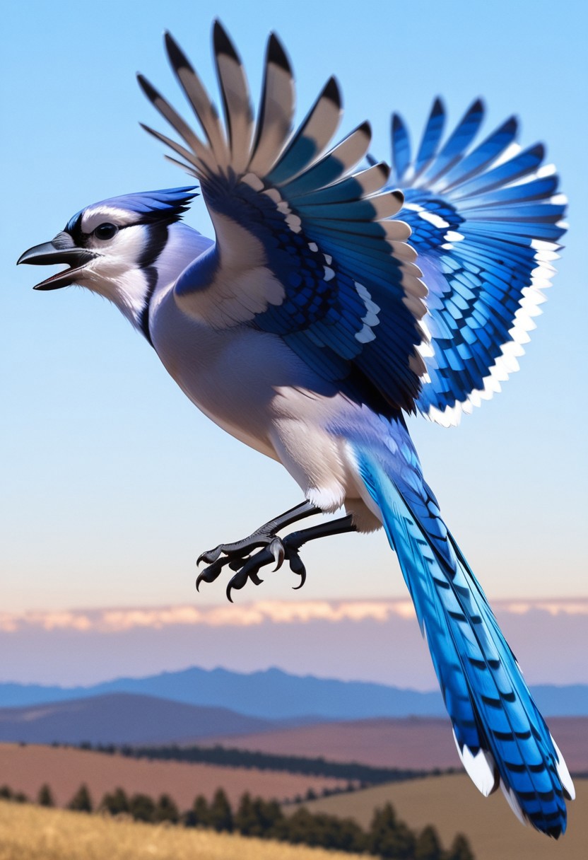 masterpiece, best quality, amazing quality, bluejaysil, feral, blue_jay, blue feathers, blue feathered crest, black eyes, talons,, flying, sky