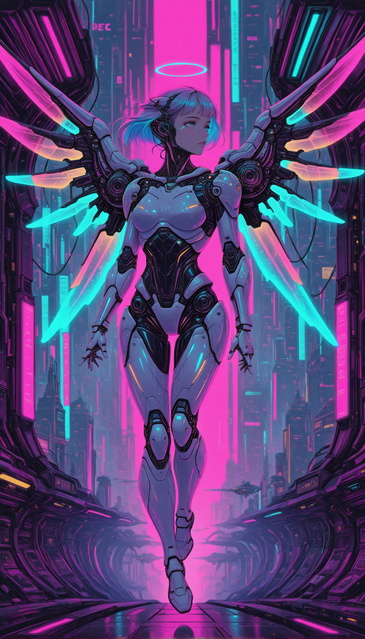 1girl, synthetic wings, transparent armor, floating, holographic lights, megacity skyline, drones, futuristic angel, cyberpunk beauty, sleek design, glowing blue accents, realistic lighting, airborne, powerful presence, radiant masterpiece, best quality, amazing quality, very aesthetic, absurdres, detailed eyes, newest, pinkneoncybercore, <lora:PinkieNeonCybercoreIL:1>,