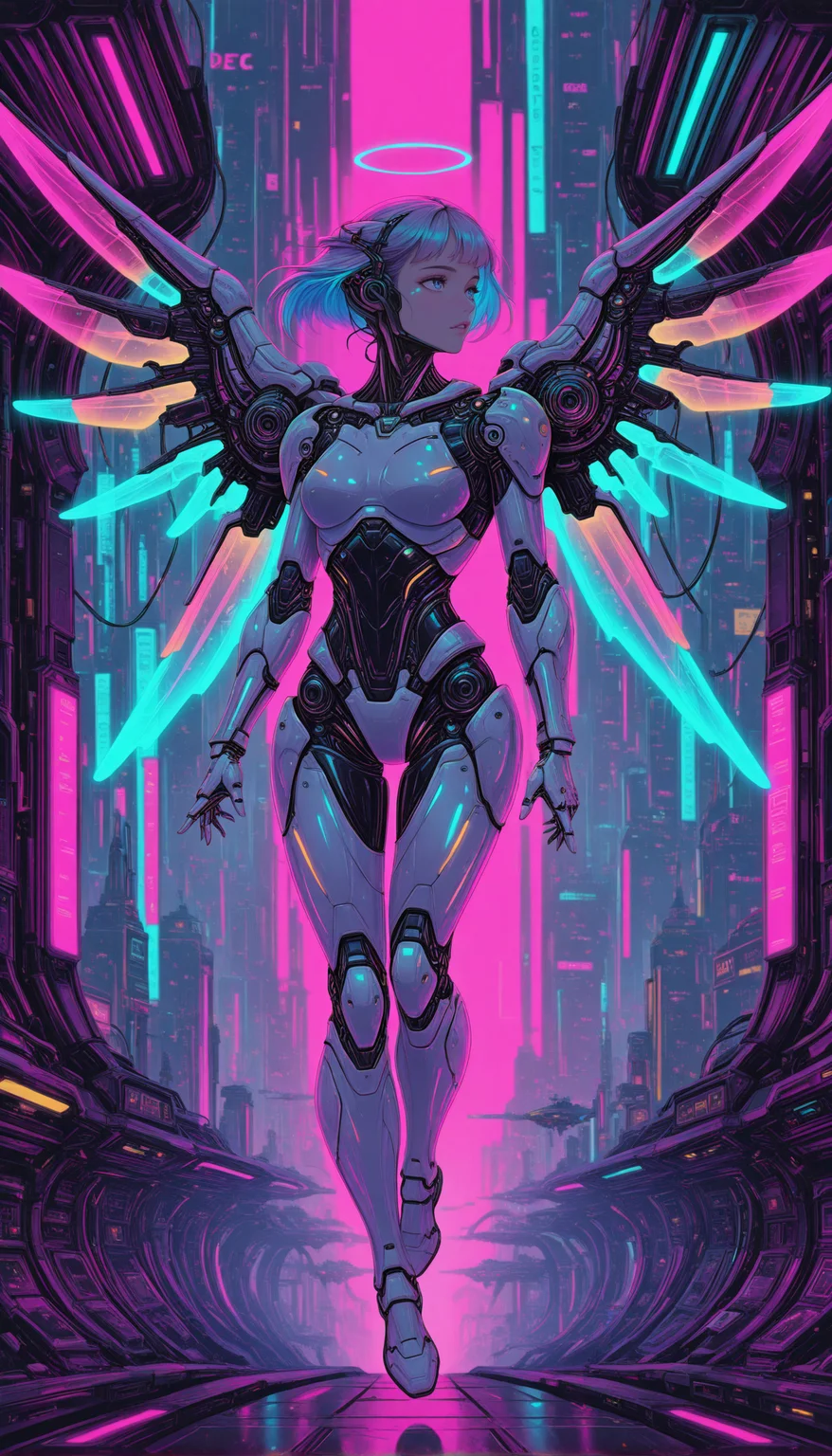1girl, synthetic wings, transparent armor, floating, holographic lights, megacity skyline, drones, futuristic angel, cyberpunk beauty, sleek design, glowing blue accents, realistic lighting, airborne, powerful presence, radiant masterpiece, best quality, amazing quality, very aesthetic, absurdres, detailed eyes, newest, pinkneoncybercore, <lora:PinkieNeonCybercoreIL:1>,