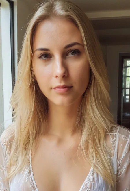 selfie , a 24 year old gorgeous girl ,, detailed skin face and eyes , natural lighting , at home , long hair, see through loose blouse, cleavage, film grain, low contrast, natural face , blonde hair , dark brown eyes, dark circles under eyes, sexy, nipples visible under blouse,