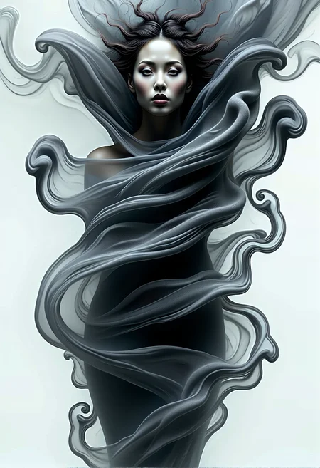 bv-smowormor. (The words "Smoke World Morph" prominently formed from swirling smoke tendrils, appearing curling around a human figure like an inscription .:1.5) A human figure partially emerging from swirling smoke . Background is completely black . Clothing and body are formed from shimmering particles . Facial expression is slightly melancholic, lost in thought. Hairstyle is tightly braided with delicate smoke tendrils . Figure positioned in an abstract, undefined space with swirling smoke patterns . Pose is standing still, eyes gazing directly at viewer, lower body entirely translucent smoke . Clothing details are ethereal wrappings glowing faintly, with bits of smoke swirling around. Scene elements include mist taking abstract shapes . Style is hyperrealistic with fine smoke details . Lighting is soft and diffused, with light filtering through smoke . Background completely white . Smoke colors faint white, ghostly effect. Additional details delicate floating light particles . , <lora:bv-smoke-world-morph-1-0.safetensors:1.0:1.0>