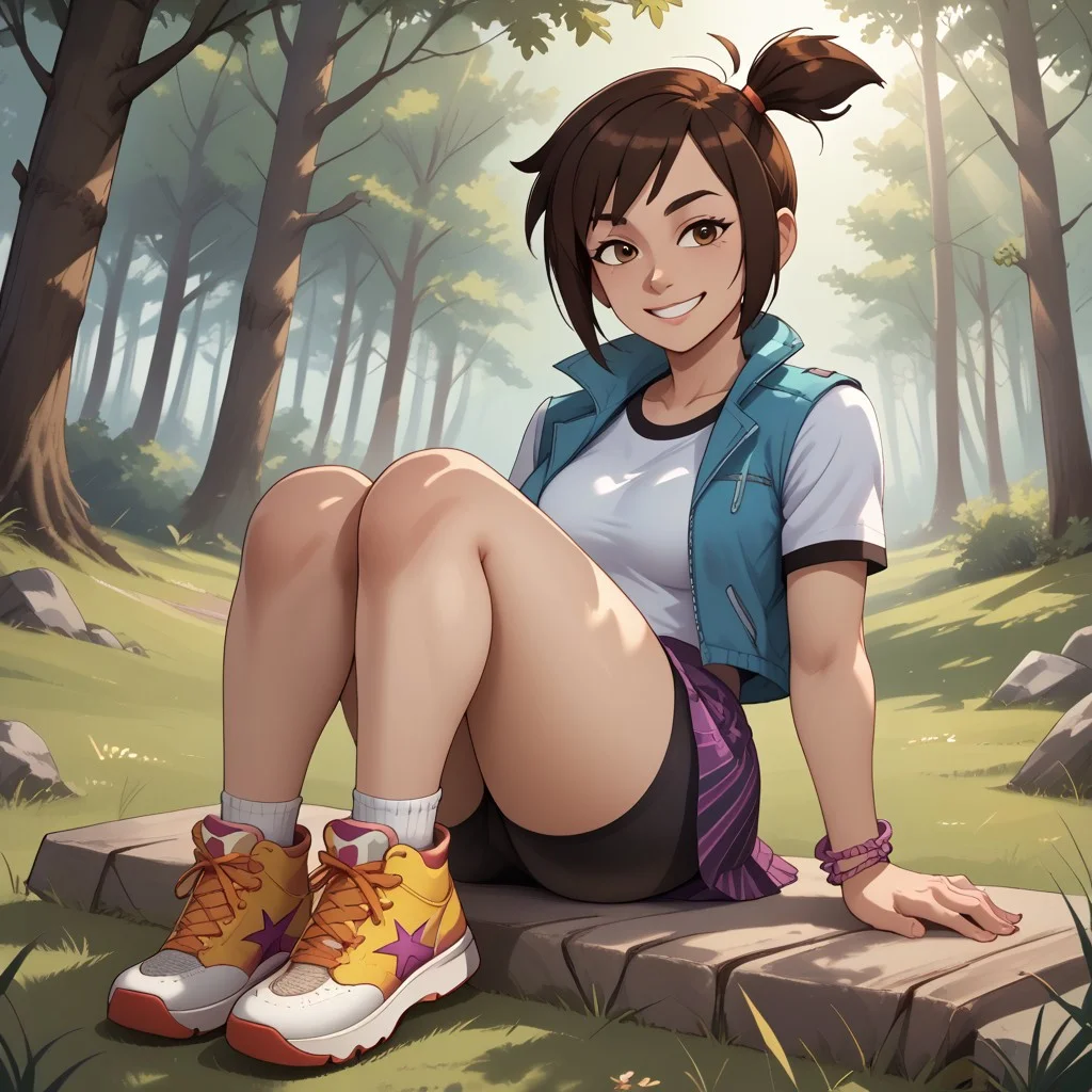 score_9, score_8, BREAK, <Lora:Molly_McGee:1.0> Molly, Tan Skin, (Dark Brown Hair), Short Hair, Side Ponytail Hair, Swetp Bangs, Dark Brown Eyes, bracelet, blue jacket, short sleeves, sleeveless jacket, (white sleeves:1.2), white t-shirt with black hems, purple striped skirt, black bike shorts, white socks, pink and yellow sneakers, adult female, mature female, breasts, sexy pose, self portrait, smile, outdoors, sunlight, shadows, evening lighting, natural lighting, forest, trees, grass, orange sky, sunset