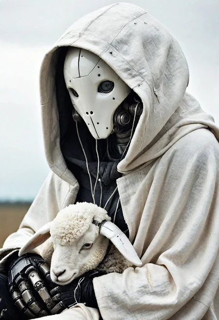 The hooded Vintage used old white robot sits quietly with a fluffy white lamb on its lap. the melancholic scene of a used and dirty sci-fi looking hooded dystopien noface faceless robot cyborg draped in a thick dirty OverallDetail white linen armor cape. detailed dirty used look, Its face remains concealed, and the cloak over its head is made of coarse, thick, dirty, torn and worn white linen fabric. It exudes a silent presence, as the surroundings are permeated with a blend of solitude and tender moments of affection. cables, wires, very detailed, atmospheric haze, dimmed light