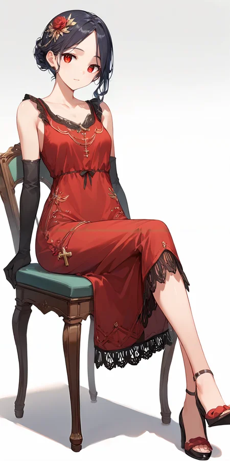 score_9, score_8_up, score_7_up,source_anime, high res image,masterpiece,best quality,girl,cute face,clear skin,shiny hair,ultra detailed eyes,simple background, <lora:1920s flapper dress_pony_V1.1:0.8> flapper dress, red dress,high heels, black elbow gloves, sleeveless,make up,sitting,cross legs