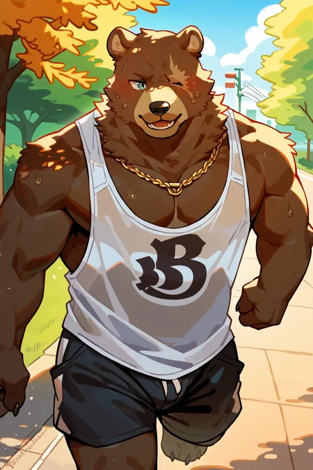 score_9, score_8_up, score_7_up,
((best quality)), absurdres,
<lora:BenBiggerPXL:1> benbiggerpxl, one eye, anthro, male,
park, jogging, in motion, tank top, short shorts, translucent topwear, sweat, outdoors, half body portrait,
<lora:Smooth Anime Style LoRA XL:0.7> Smooth, Anime, <lora:Expressive_H:1> Expressiveh,