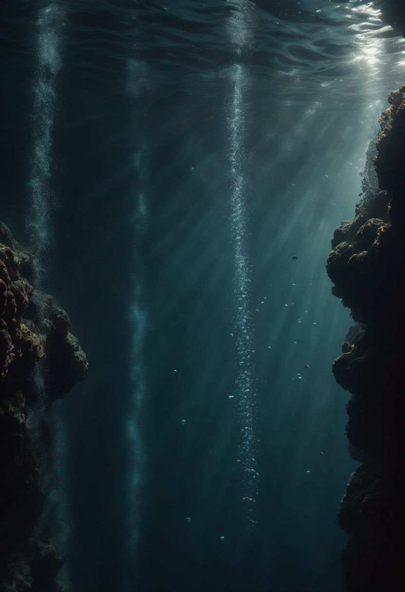 cinematic, flat shot, vertical, geometrical shot, underwater scene, deep ocean, trail of bubbles descending to the dark depths of the ocean, distant shot, low light, ominous