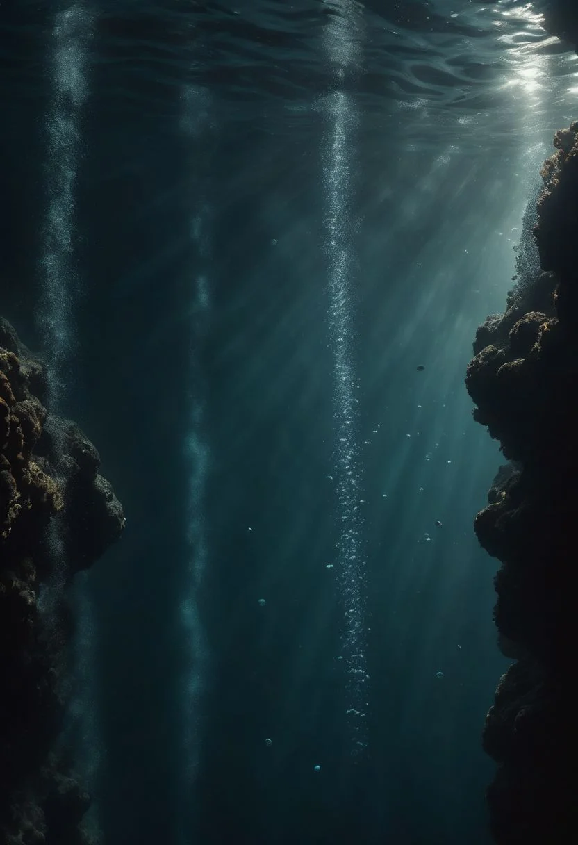 cinematic, flat shot, vertical, geometrical shot, underwater scene, deep ocean, trail of bubbles descending to the dark depths of the ocean, distant shot, low light, ominous