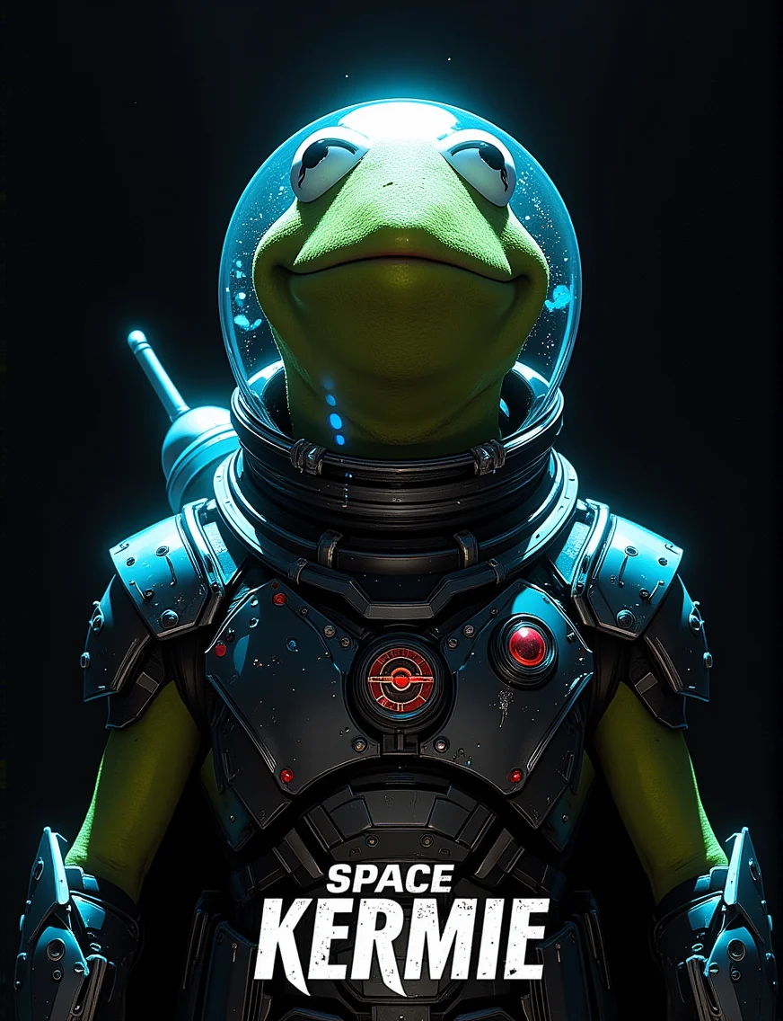 kermit the frog is wearing dark space prismatic armor, action movie poster. Title text reads "SPACE KERMIE"