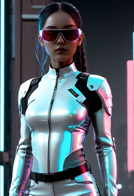 score_9, score_8_up, score_7_up, raw,32K, UHDR, (ultra-quality:1.6),1girl, in Cyberpunk style, revealing and exposing clothes, cinematic, wearing lit fiber optics, oxigen-support-gadgets, strong parallel lines and nodes, extremely detailed cute face,
Tech-infused, advanced materials bound technology and design. stimuli reactive to color-changing , psicho texture-shifting. ,integrate neon lights for visual flair. sleek, angular shapes with sharp lines, including bodysuits and structured jackets. High-tech accessories are integral futuristic AR glasses, neural interfaces and cybernetic jewelry. cargo pants, utility belts, and harnesses for gadgets. Bold colors dominate, with vibrant neons and electric obsidian:0.9 or pink:0.6 contrasting against deep agate:0.9 or pure-snow-white:0.9. Dystopian influences inspire distressed fabrics, industrial hardware, and asymmetrical designs, reflecting the chaotic cyberpunk ethos. glowing boots