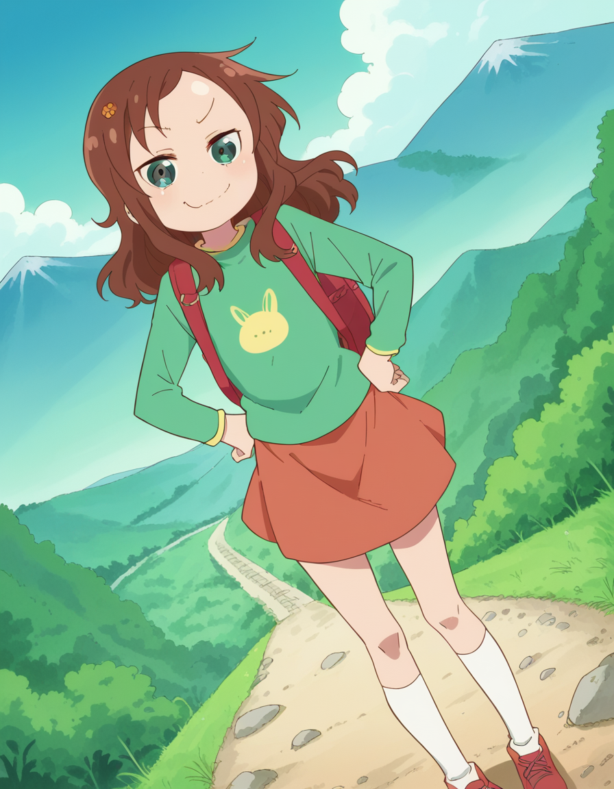 score_9, score_8_up, score_7_up, source_anime, <lora:riko-saikawa-s2-ponyxl-lora-nochekaiser:1>, riko saikawa, long hair, brown hair, green eyes, hair flower, hair ornament, flower,, skirt, shirt, long sleeves, red skirt, white socks, green shirt,, mountain trail, hiking, nature, backpack, adventure, fresh air, , looking at viewer, smug, hands on hips,, solo,, dutch angle,