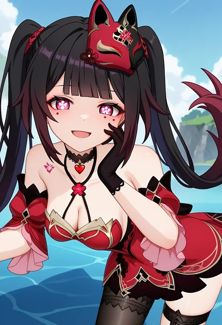 score_9, score_8_up, score_7_up, source_anime,
BREAK
1girl, solo,
<lora:shiSparkleV2:1.0>, flower-shaped pupils, glowing,
shisparklehonkai,
long hair, black hair, red eyes, multicolored hair, twintails, hair ornament, black fox mask, black choker,
mole under eye, mole under each eye,
alternate costume, red and black dress, red dress, bare shoulders, detached sleeves, tattoo, cleavage,
black gloves, single glove,
black thighhighs, single thighhigh,asymmetrical legwear,
looking at viewer, smile, open mouth, crazy eyes, wide-eyed, head tilt, head back, leaning forward, bent over, hand on own face,