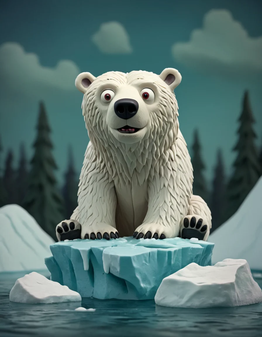 novuschroma51 style polar bear on an ice berg claymation <lora:novuschroma51 style_claymation:1>