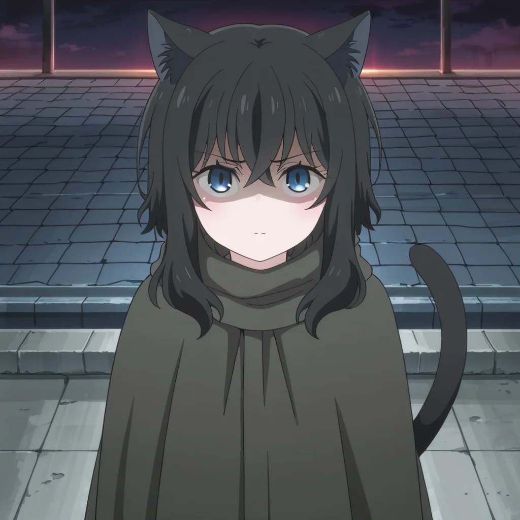 nsfw, masterpiece,best quality,amazing quality,1girl, solo, reincarnated_as_a_sword_fran, blue eyes, animal ears, cat tail, looking at viewer, shaded face, black hair, long hair, on roof, <lora:Fran_-_Reincarnated_as_a_Sword:0.7>