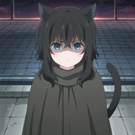nsfw, masterpiece,best quality,amazing quality,1girl, solo, reincarnated_as_a_sword_fran, blue eyes, animal ears, cat tail, looking at viewer, shaded face, black hair, long hair, on roof, <lora:Fran_-_Reincarnated_as_a_Sword:0.7>