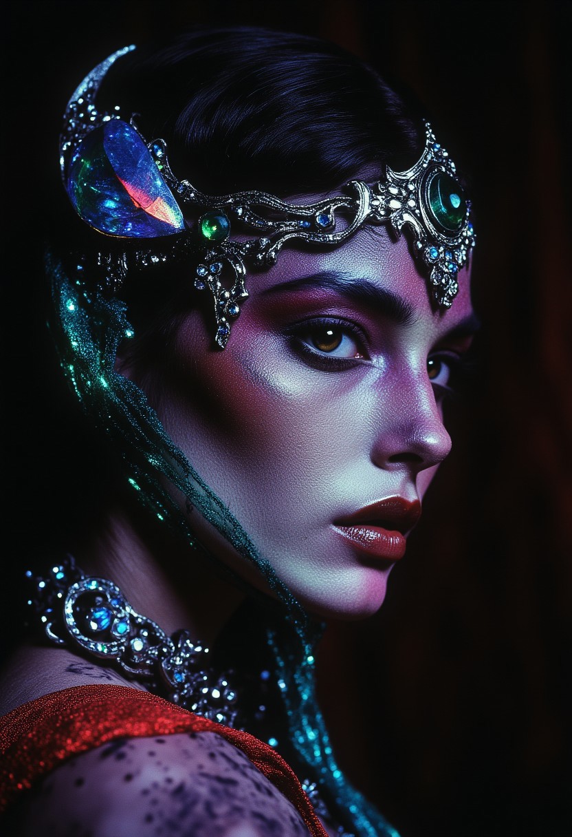 ArsMovieStill, 80s Fantasy Movie Still, In the depths of a mystic reverie, a dark-skinned enchantress materializes, her presence a whispered secret in the velvet darkness. Her eyes, like shattered emeralds, glimmer with an unholy light, as if the very essence of the forest has been distilled into their piercing gaze. A tattered, lace-like veil, a gossamer whisper of forgotten dreams, clings to her skin like a damp, moonlit mist, casting an eerie, silvered glow across her features. The light that bathes her is a crazed, flickering thing, a mad dance of sunbeams and shadowy tendrils that twist and writhe like living serpents around her face. Upon her head, a crown of jagged, chrome splinters reigns, its diamonds flashing like a riot of fireflies on a summer's night, as a diamond-encrusted necklace slithers around her neck like a glittering, venomous serpent. A face ornament, a delicate, bejeweled latticework, sprawls across her cheeks and forehead like a mad, its silver chains and diamonds glinting with a manic, fevered light, as if the very fabric of reality has been torn asunder to reveal a glimpse of the surreal, dreamlike realm that lies beyond. And yet, amidst this maelstrom of color and light, the enchantress remains, a serene, unyielding presence, her gaze a cold, dark mirror that reflects the very soul of the viewer, drawing them in with an otherworldly allure, a siren's call that beckons them deeper into the heart of the madness.