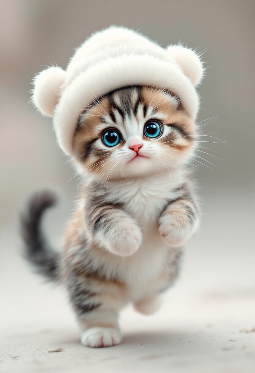 cute fluffy chibi kitten with a long fluffy tail raised up, fluffy white hat with pompoms, blue live eyes with long curved lashes, happy, dynamic, bright, natural day lighting, vivid color, professional photo, ultra sharp