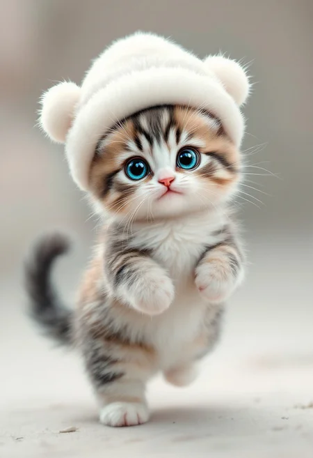 cute fluffy chibi kitten with a long fluffy tail raised up, fluffy white hat with pompoms, blue live eyes with long curved lashes, happy, dynamic, bright, natural day lighting, vivid color, professional photo, ultra sharp
