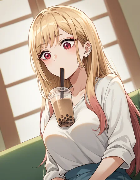 score_9, score_8_up, score_7_up, source_anime, marinkitagawa, <lora:marin-kitagawa-ponyxl-lora-nochekaiser:1>, marin kitagawa, long hair, bangs, blonde hair, red eyes, multicolored hair,, <lora:bubble-tea-challenge-ponyxl-lora-nochekaiser:1>, bubble tea challenge, bubble tea, object on breast, drinking straw, drinking straw in mouth, drinking, cup,, indoors, sitting, looking down,, cowboy shot, dutch angle,