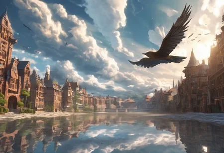 Bird flying over a fantasy city. The buildings made of brick with the art style being that of an old anime. The clouds cast shadows along the land while godrays protrude through them. The bird is flying over a river that cuts along the center of the city with a beautiful reflection. The scene is highly detailed. 4k.hd.