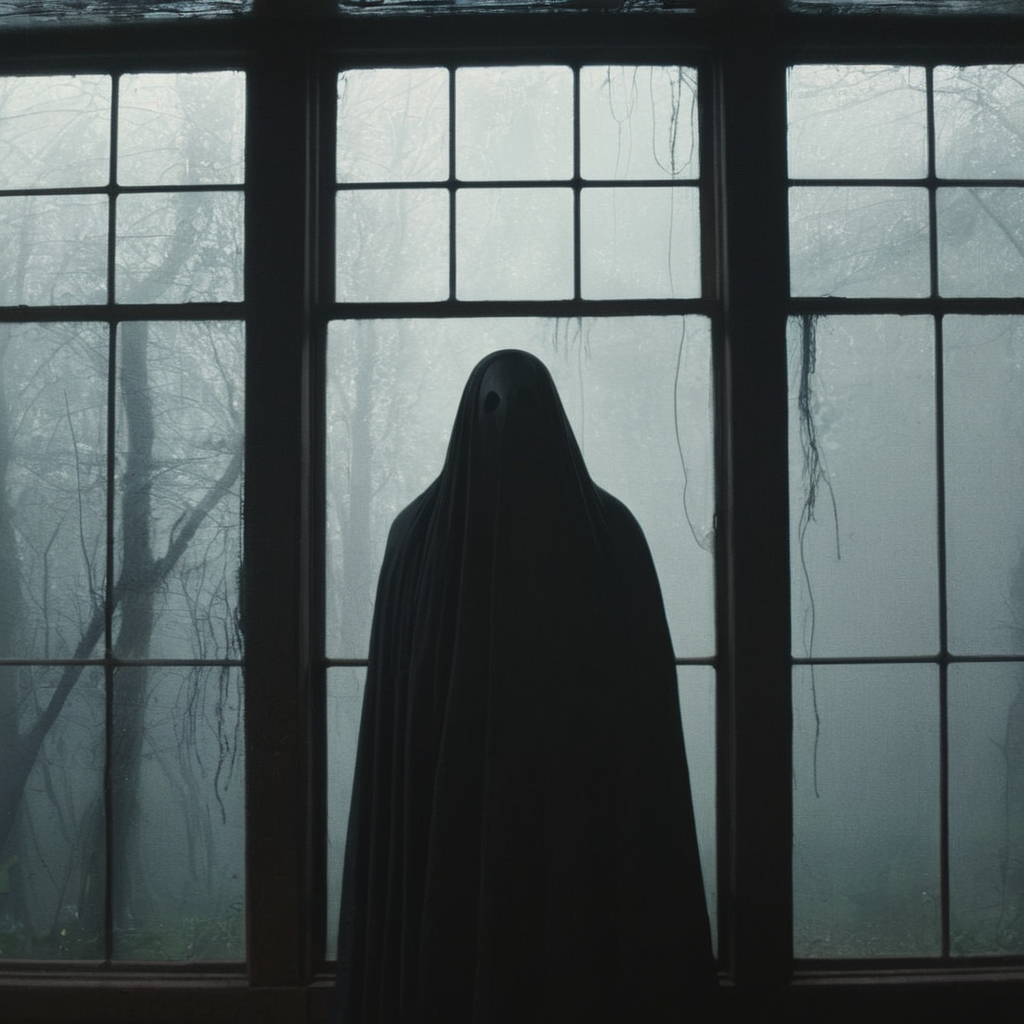 Cinematic, Grainy:1, Detailed, Sharp Image, of <lora:Kodak Motion Picture Film Style3:1>
 horror movie for Best Cinematography a classic ghost appears to be looking out a window at noon Kodak Motion Picture Film Style, dark, moody, dark fantasy style