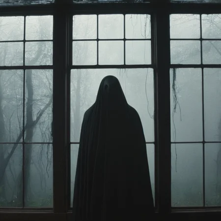 Cinematic, Grainy:1, Detailed, Sharp Image, of <lora:Kodak Motion Picture Film Style3:1>
 horror movie for Best Cinematography a classic ghost appears to be looking out a window at noon Kodak Motion Picture Film Style, dark, moody, dark fantasy style
