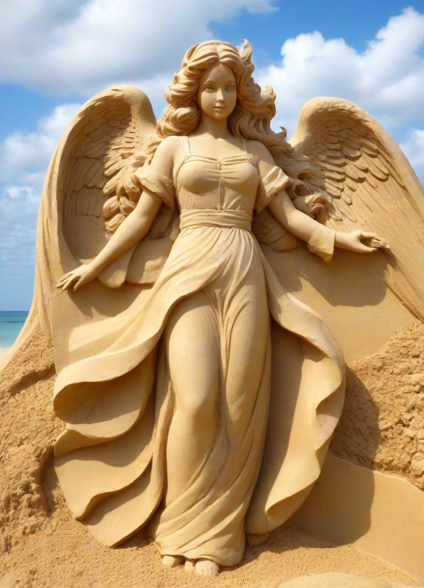 <lora:PE_SandSculpture:0.8> PESandSculpture, sandsculpture, sand,
angel, holy, heaven, clouds,
on beach, sunshine,
masterpiece, high resolution, octance 4k, high detail,
professional photo, cinematic,