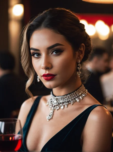 A dynamic cinematic photograph of Juliana_Conti_P_MXAI_SDXL , flirty expression, wearing a sequin dress, wearing a diamond choker, red lips, dramatic makeup, sitting in a restaurant, holding a glass of wine, medium closeup shot,, SK_CINEMATIC, ziprealism