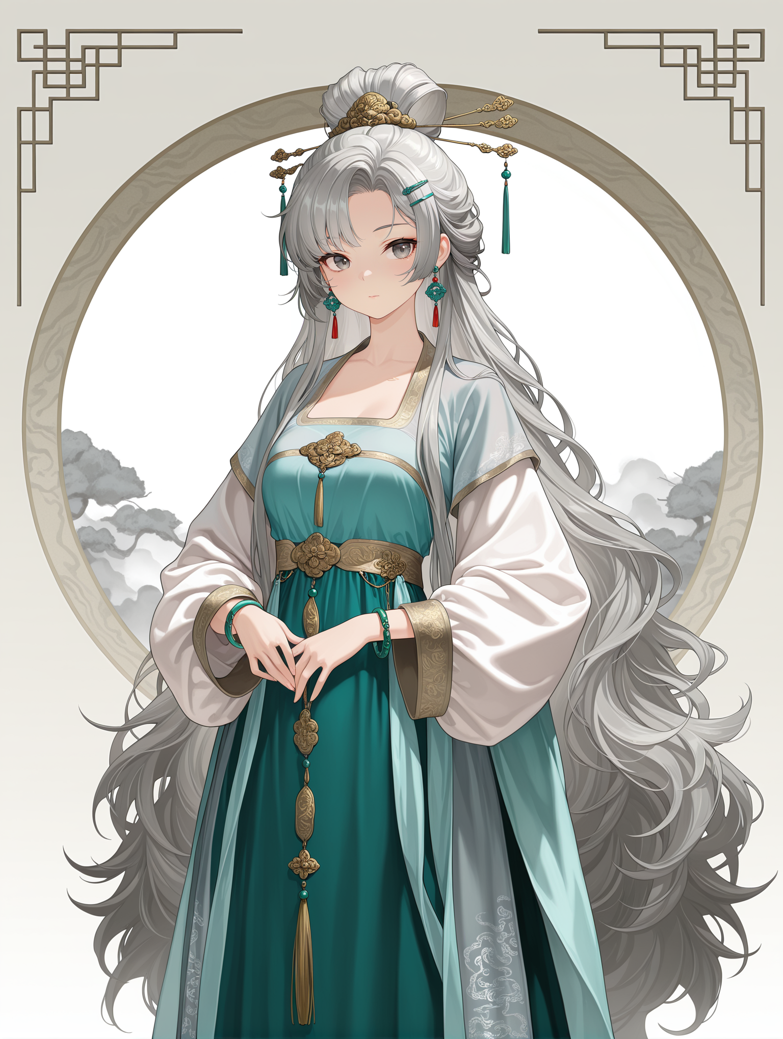 1girl,Gray hair,air bangs,very long hair,thick hair,fluffy hair,Chinese clothing,very long dresses,hair accessories,hairpins,loose sleeves,long sleeves,bracelets,earrings,Hanfu,fine costumes,fine textures, 
,masterpiece,best quality,amazing quality,