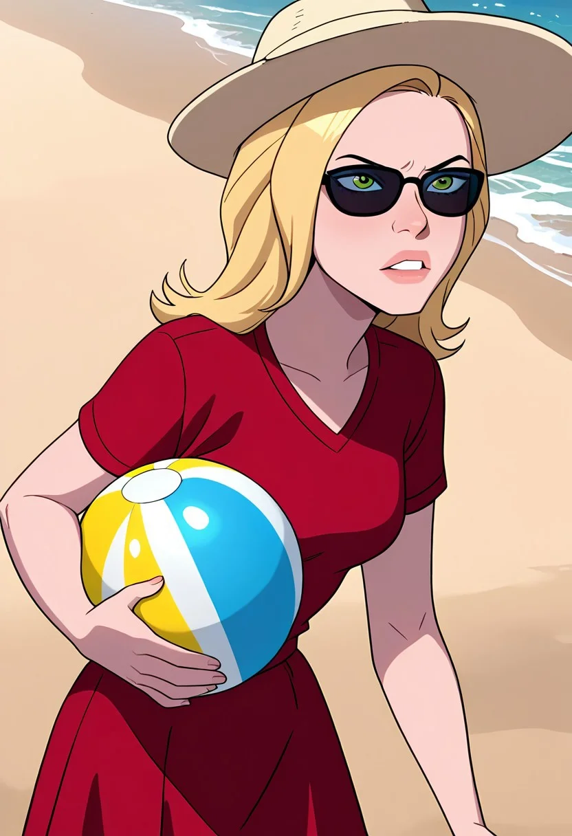 masterpiece, best quality, amazing quality, very aesthetic, absurdres, newest, ((screencap, parody, cartoon))
sandraten, blonde hair, 1girl, green eyes, lips,
expressive face,
at the beach, sunglasses, beach ball, red beach shirt, red long beach skirt, summer hat, holding beach ball