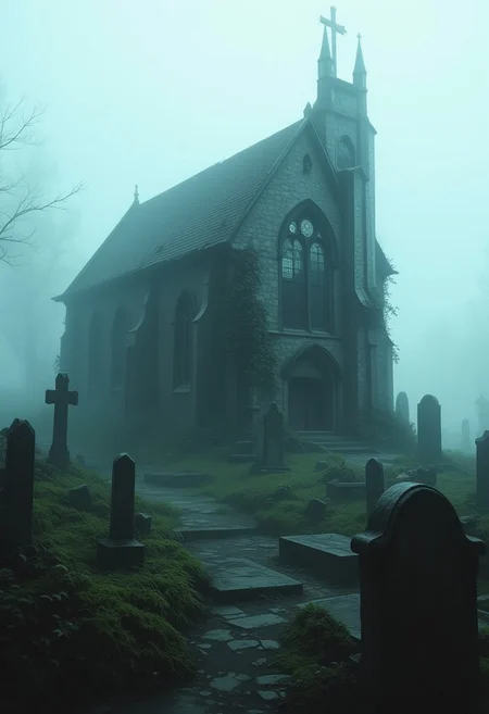 (((8k resolution))), (((absolute masterpiece))), (((best quality))), ultra detailed, score_9, score_8_up, score_7_up, eerie and haunting atmosphere, an old ruined church standing on a lonely hill, its darkened stone walls crumbling and overgrown with ivy, shattered stained-glass windows letting in faint ghostly light, partially collapsed roof with exposed wooden beams, surrounded by a foggy cemetery, ancient tombstones half-sunken into the moss, thick mist swirling around the graves, twisted crosses casting long shadows, indistinct ghostly shapes moving between the gravestones, ominous and silent mood, subtle details, soft shading, unsettling yet captivating scene.