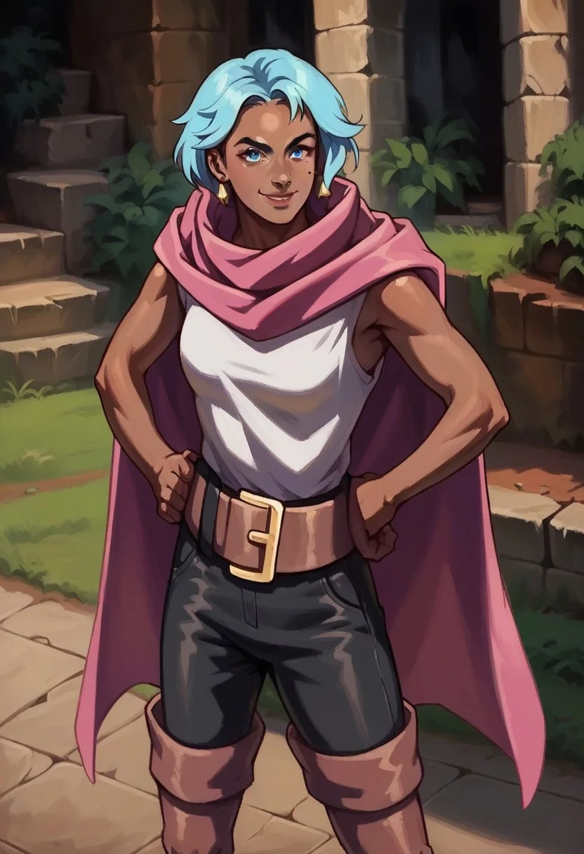 score_9_up, score_8_up, score_7_up, score_6_up, 1girl, solo, Zi'Assunta_Belpaese, earrings, blue hair, short hair, dark-skinned female, blue eyes, mole under eye, pink cape, white shirt, bare arms, belt, black trousers, brown thigh boots, standing proudly, hands on hips, outside castle, outdoors, day, proud smile, (fantasy art, painted art, realistic)