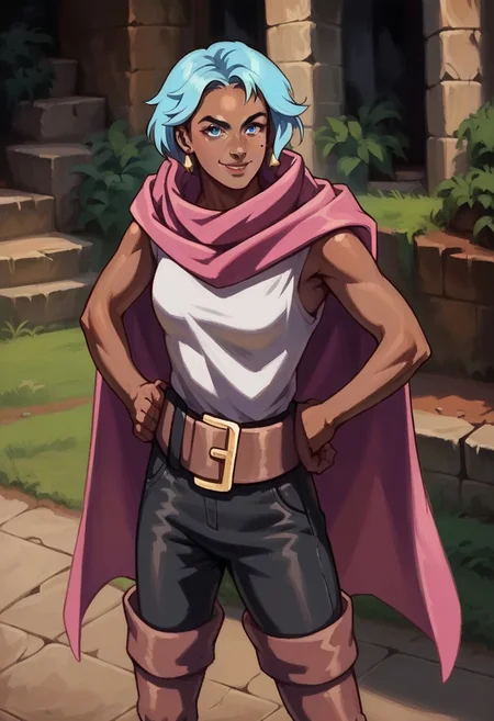 score_9_up, score_8_up, score_7_up, score_6_up, 1girl, solo, Zi'Assunta_Belpaese, earrings, blue hair, short hair, dark-skinned female, blue eyes, mole under eye, pink cape, white shirt, bare arms, belt, black trousers, brown thigh boots, standing proudly, hands on hips, outside castle, outdoors, day, proud smile, (fantasy art, painted art, realistic)