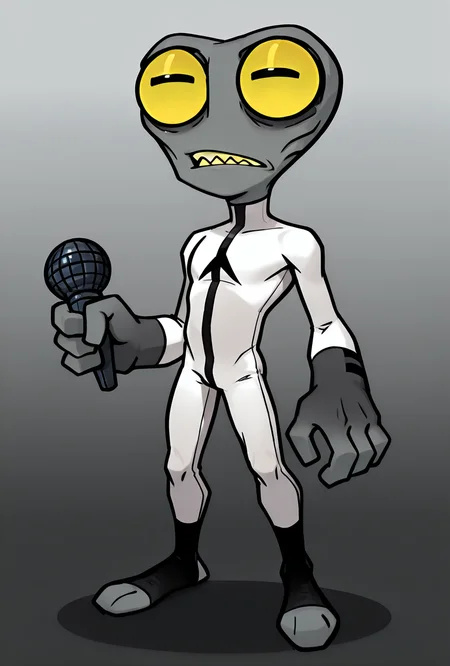 <lora:greymatter-09:1> greymatter, solo, 1boy, white bodysuit, grey skin, , ,small body, big hands,  , sharp teeth, big yellow eyes, big head, dynamic pose,, , tiny character,  <lora:17bucks_Style_Illustrious:1> 17bucks, gradient color, 2d, standing, holding microphone, full body ,, masterpiece, best quality, amazing quality, very aesthetic, absurdres, newest,