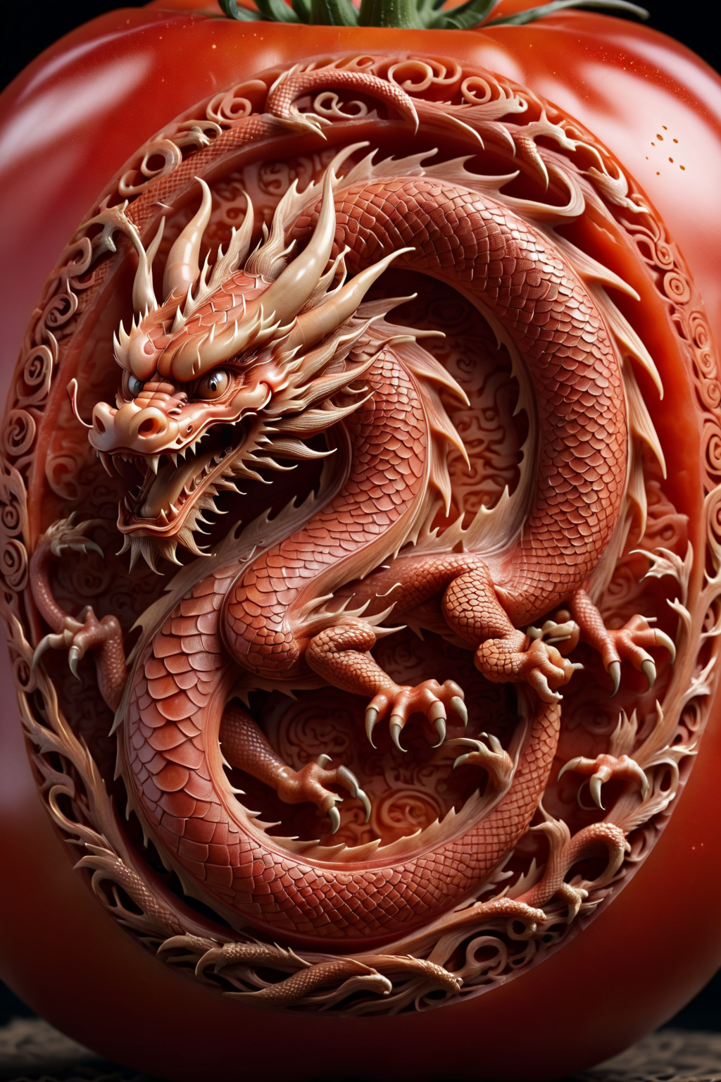 <lora:Dragon_Engraving-000002:0.8> dragon engraving carved into a tomato (fruit), 8k resolution,