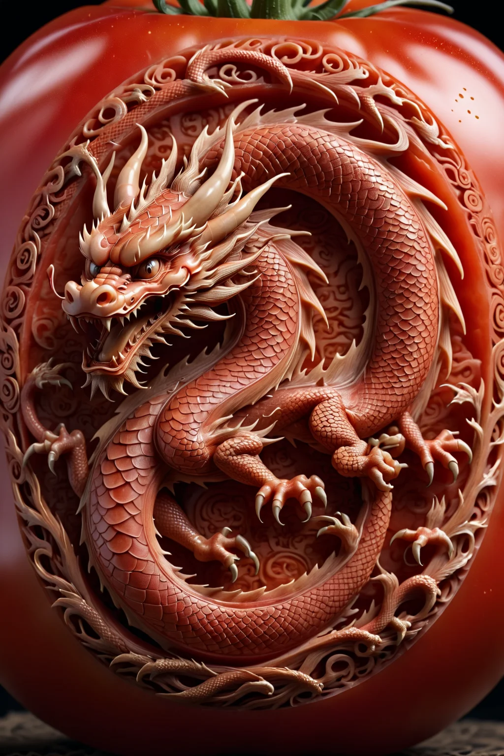 <lora:Dragon_Engraving-000002:0.8> dragon engraving carved into a tomato (fruit), 8k resolution,