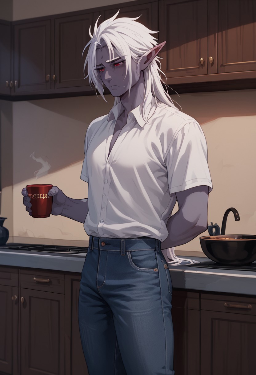 Score_9, Score_8_up, Score_7_up, 1boy, elfsana, colored skin, white hair, red eyes, elf ears, solo, standing, white shirt, jeans, socks, holding cup of coffe, tired, sleepy, indoors, kitchen