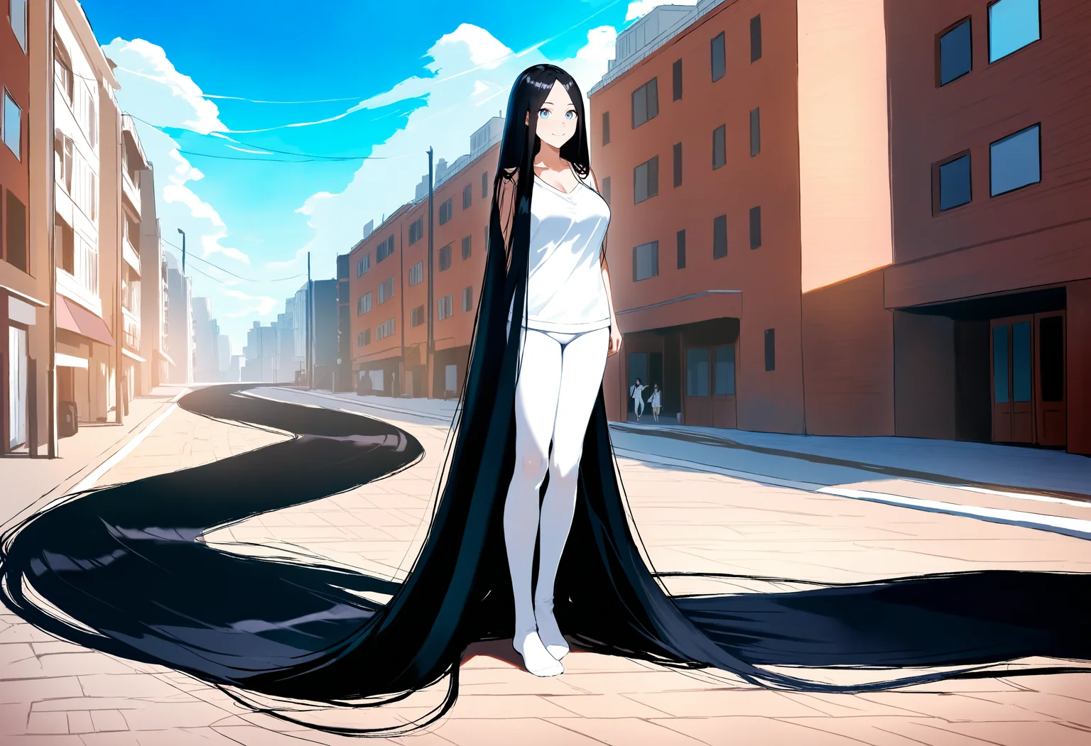 masterpiece, high score, great score, absurdres, year 2024
blue sky, clouds, sunshine, day
street, buildings, road
cowboy shot
wariza
smile, closed mouth, 
1girl, blue eyes, (black hair:1.0), parted bangs, straight hair
(absurdly long hair:1.3), hair spread out, loose hair strand, thick hair, heavt hair
medium breasts, white pantyhose, white pajamas