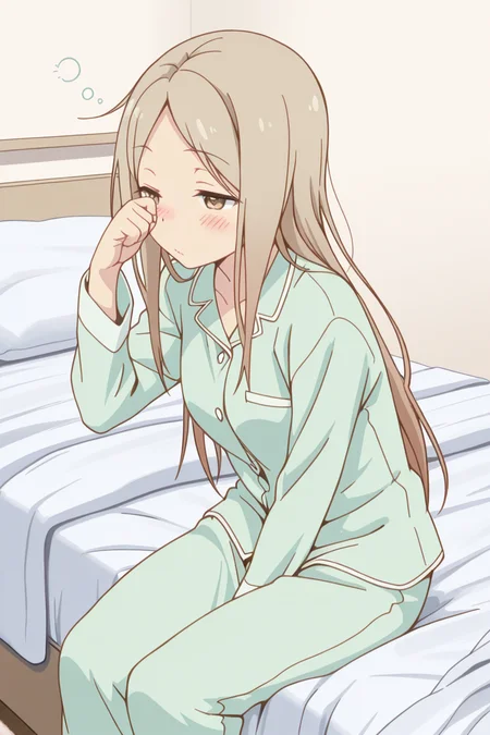 masterpiece, best quality, amazing quality,
 <lora:Kotone_IL:1> kotone, 1girl, pajamas, brown eyes, long hair, sitting, blush, sleepy, brown hair, bed, solo
