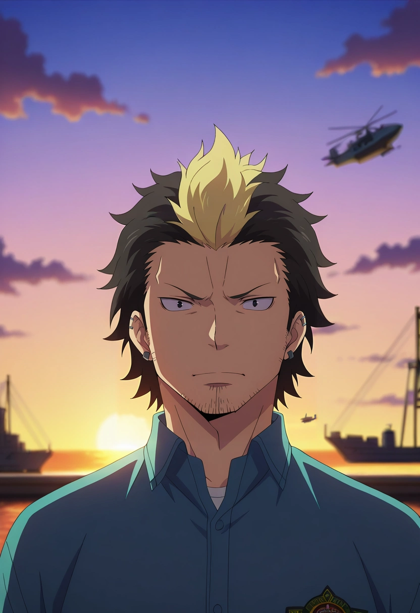 masterpiece, best quality, , anime screencap, anime coloring, , looking at viewer, depth of field, 1boy, solo, male focus, <lora:ryuuji_suguro_ilxl:0.96>, ryuuji_suguro, black hair, black eyes, short hair, streaked hair, multicolored hair, two-tone hair, blonde hair, facial hair, stubble, , sky dock, airships, cloud sea, loading cargo, working pose, busy expression, sunset,