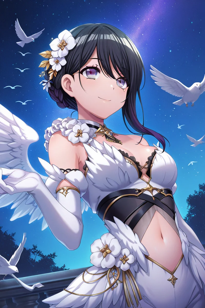 masterpiece, best quality, amazing quality,
<lora:Toka_IL:1> toka, 1girl, bird, gloves, black hair, hair ornament, navel, flower, smile, sky, purple eyes, solo, elbow gloves, hair flower, white gloves, wings, night, night sky, bangs, breasts, star (sky), fthrsk