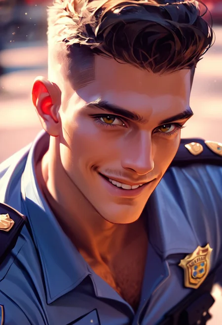 score_9,score_8_up,score_7_up, handsome 30 yo police man posing, smile, polic car, head and upper body shot, crew cut hair, open police uniform, chest visible, loosened police pants with belt, looking at viewer