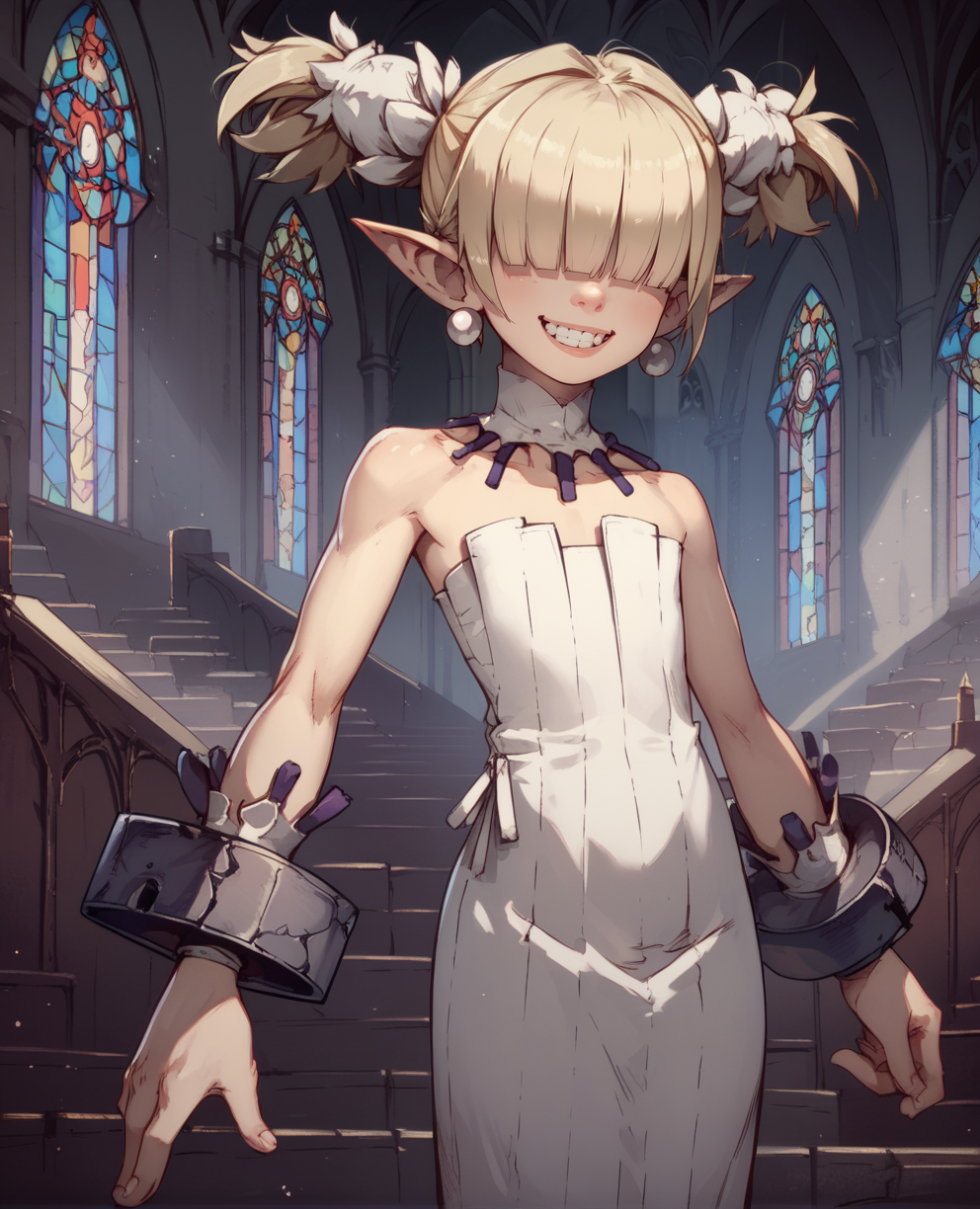 score_9,score_8_up,score_7_up,
Clergyxl,pointy ears,short twintails,hair over eyes,blonde hair flat chest,smile,teeth,
bare shoulders,white strapless dress,pearl earrings,wrist cuffs,wristband,neck brace,
standing,
church,underworld,<lora:Clergy:1>,