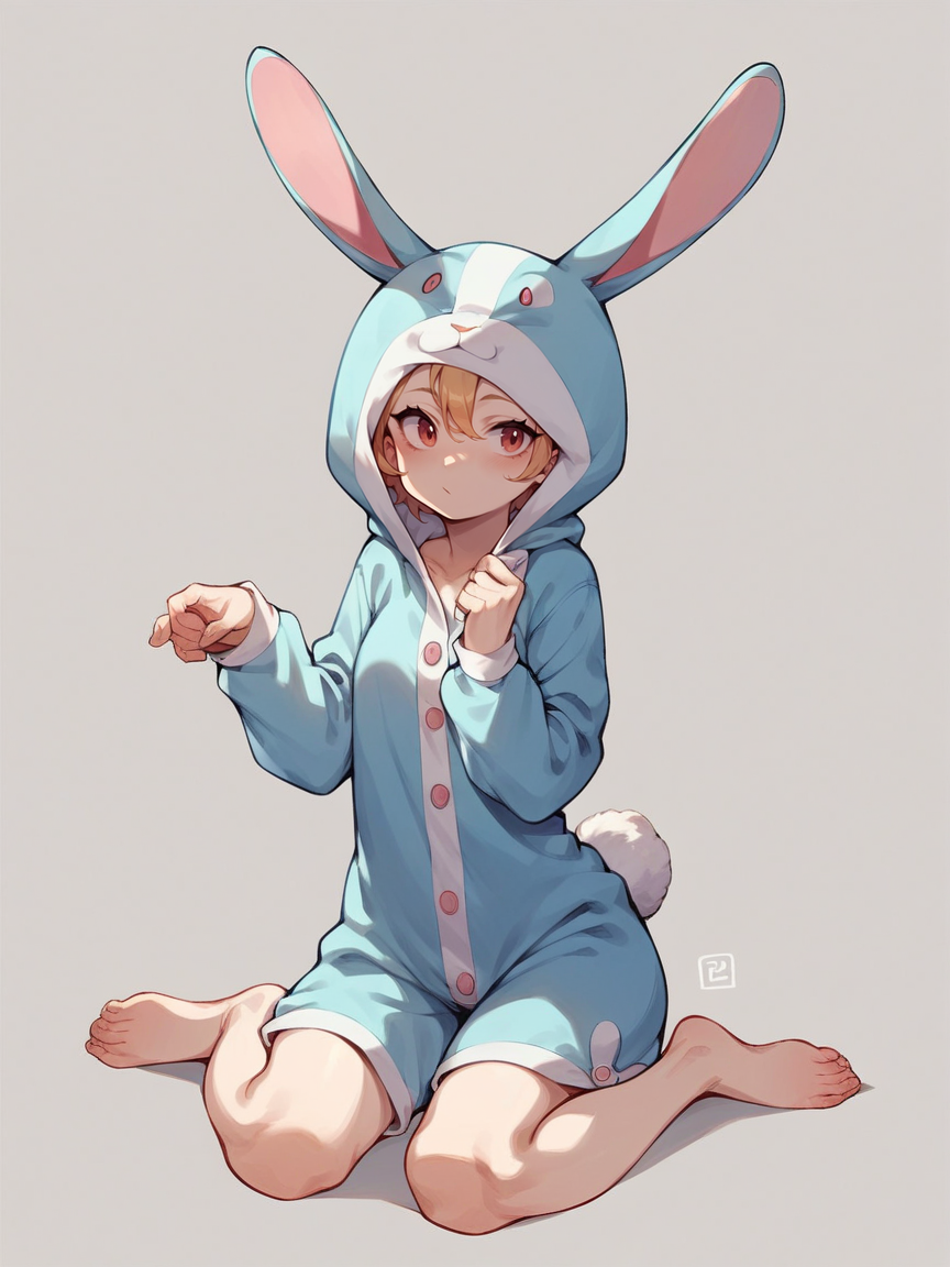 score_9, score_8_up, score_7_up, score_6_up, score_5_up,  <lora:RabbitonesieXLP:0.7> rabbit onesie, rabbit costume, rabbit ears, hood, barefoot, rabbit tail, animal costume, pajamas, solo, 1girl,