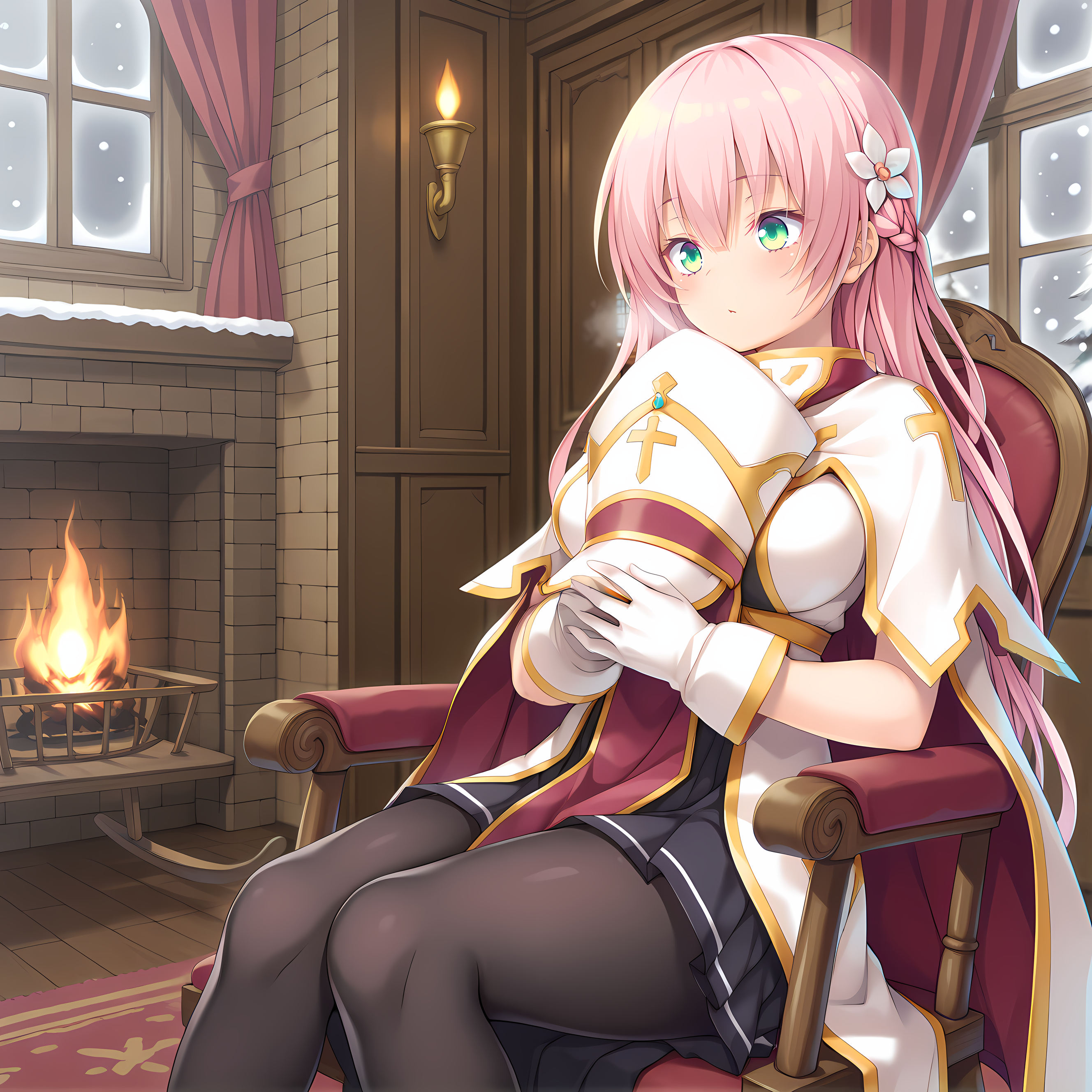 <lora:Terese_Elminaãã¬ãµã¨ã«ããã¢_-_Escude_-_Hime_to_Aiyoku_no_Sacrifice:0.8>,solo,terese,no headwear,pink hair,long hair,braid,green eyes,hair between eyes,bangs,hair flower,large breasts,base outfit,white gloves,mitre,pantyhose,indoors,living room,winter,snowing,window,curtains,fireplace,on chair,armchair,rocking chair,sitting,holding hat,blanket cape,hugging object,, masterpiece,best quality,amazing quality, very aesthetic, absurdres,detailed eyes,ultra-detailed,