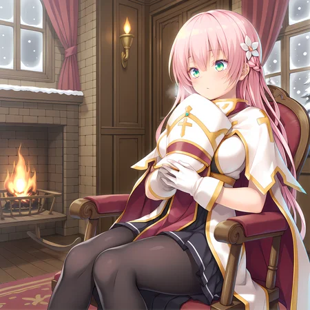 <lora:Terese_Elminaãã¬ãµã¨ã«ããã¢_-_Escude_-_Hime_to_Aiyoku_no_Sacrifice:0.8>,solo,terese,no headwear,pink hair,long hair,braid,green eyes,hair between eyes,bangs,hair flower,large breasts,base outfit,white gloves,mitre,pantyhose,indoors,living room,winter,snowing,window,curtains,fireplace,on chair,armchair,rocking chair,sitting,holding hat,blanket cape,hugging object,, masterpiece,best quality,amazing quality, very aesthetic, absurdres,detailed eyes,ultra-detailed,
