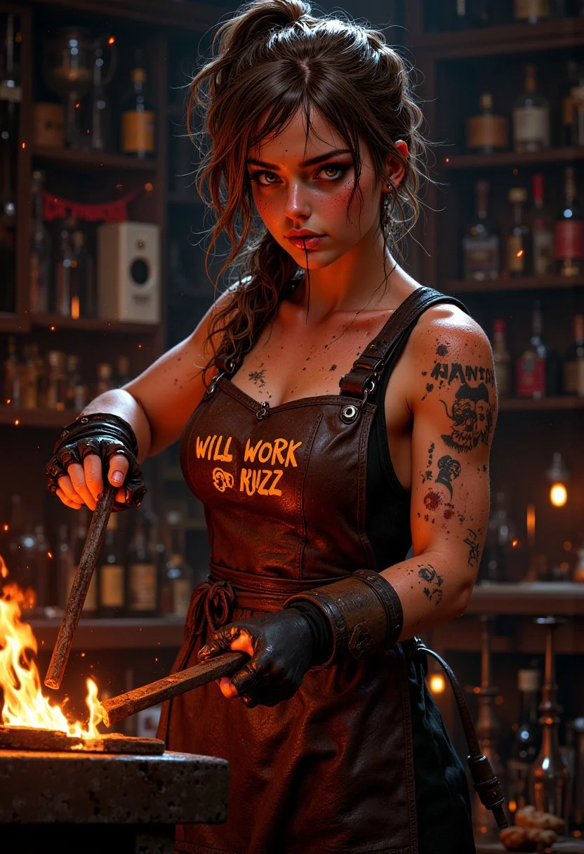 mythp0rt, A very hot sweaty girl, dripping sweat, huge chest, blacksmith, wearing a leather apron with ""WILL WORK FOR BUZZ" written on it, fire particles flicker and glow <lora:FluxMythP0rtr4itStyle:0.8>