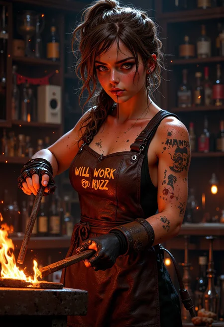mythp0rt, A very hot sweaty girl, dripping sweat, huge chest, blacksmith, wearing a leather apron with ""WILL WORK FOR BUZZ" written on it, fire particles flicker and glow <lora:FluxMythP0rtr4itStyle:0.8>