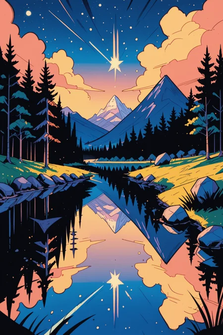 star \(sky\), scenery, sky, no humans, starry sky, night, moon, outdoors, night sky, tree, nature, water, full moon, rock, reflection, grass, forest, mountain, shooting star, cloud, milky way, lake, river, landscape, a_Comic_Illustration, rough lines with ink, (drawn:1.1), (sketch:1.5), (crosshatching:1.25), (comic style:1.1), graphic novel style, sharp lines, hires, zstyle, (western comics \(style\):1.1), (hatching \(texture\):1.2), zPDXL, Mr_Monster_Possitive, <lora:Expressive_H:0.5>, score_9, score_8_up, score_8_up,