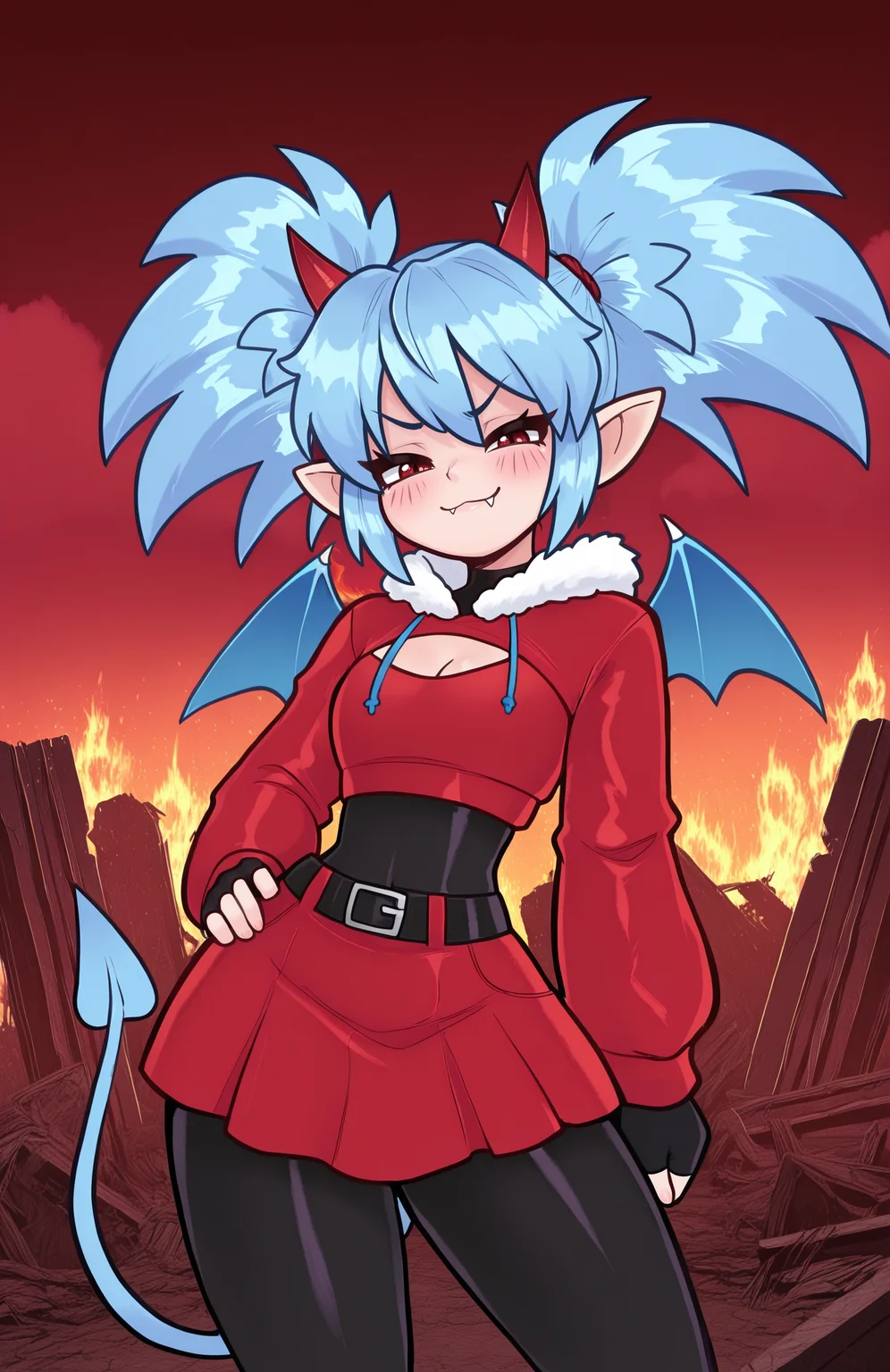1girl, solo, ruins, hell, cloud, red sky, dark sky, fiery sky, fire, cowboy shot,
<lora:Nullantwins:0.8> zhuu, red eyes, blue hair, red horns, demon tail, blue tail, demon wings, blue wings, twintails, big hair, pointy ears,
red hoodie, cropped hoodie, long sleeves, black bodysuit, fur-trimmed hoodie, blue fur, black gloves, fingerless gloves, cleavage cutout, red skirt, midriff, black belt, belt buckle, blue drawstring,
contrapposto, light smile, blush, looking at viewer, smug, :3, fangs out,
<lora:JamoART_v5:1> jamoart, extremely detailed, highres, masterpiece, best quality